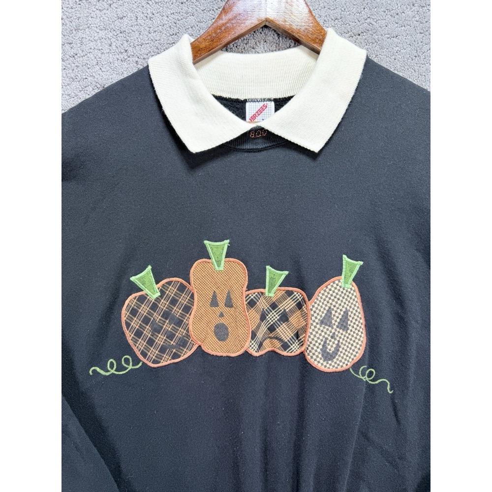 VTG 90s Jerzees Halloween Sweatshirt XL Black Collar Plaid Pumpkin Applique USA